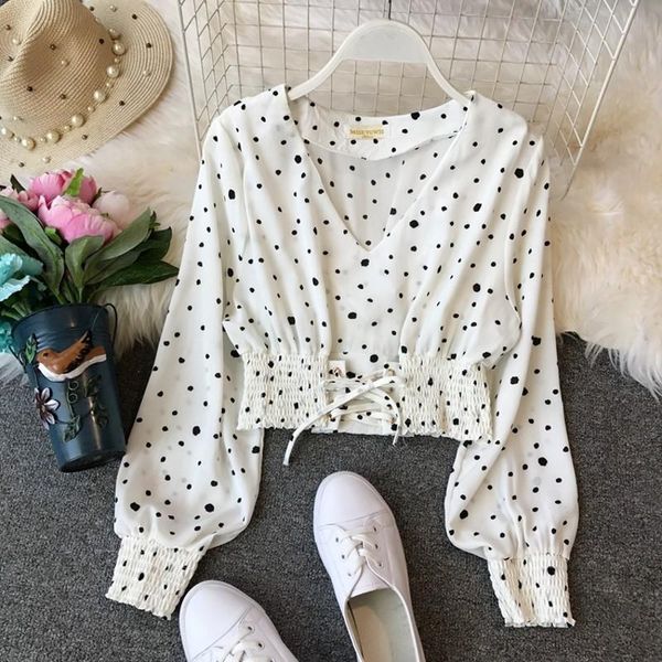 

women's blouses & shirts women v collar wave point blouse slim fit crop femme 0sh021, White