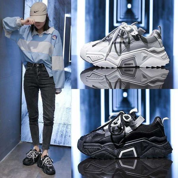 

2021 spring and autumn tide brand old shoes female ins comfortable sports students korean running shoes female tide y0907, Black
