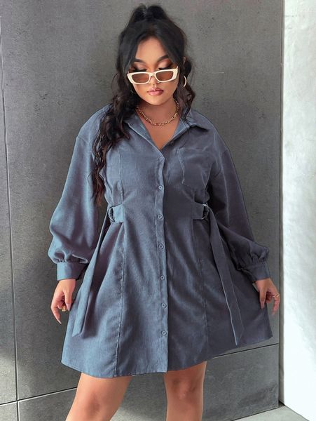 

plus corduroy buckled ribbon drop shoulder shirt dress 84ce#, Black