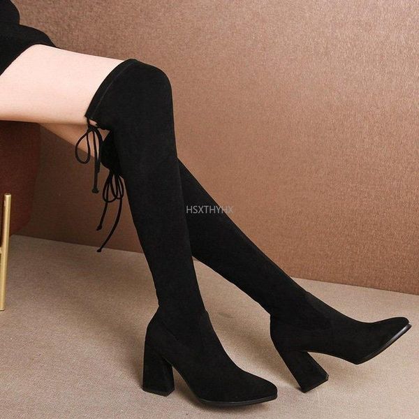 

boots women's over-the-knee fall/winter 2022 high-heeled slimming lace-up skinny stretch long thick-heeled, Black