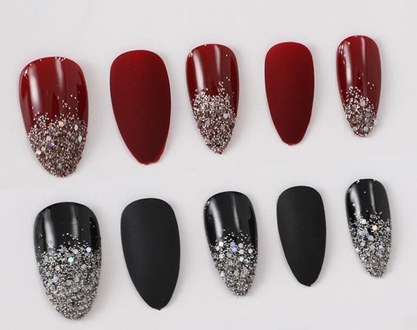 Black vinho vermelho mulheres falsas unhas viagens 24 pcs apontado afiado com lantejoulas brilhantes glitter unhas dicas falsificadas de dedo de capa completa transparente