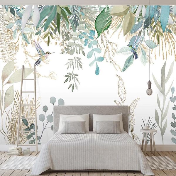 

wallpapers po wallpaper modern hand-painted tropical plant leaves flowers and birds murals living room bedroom waterproof wall painting