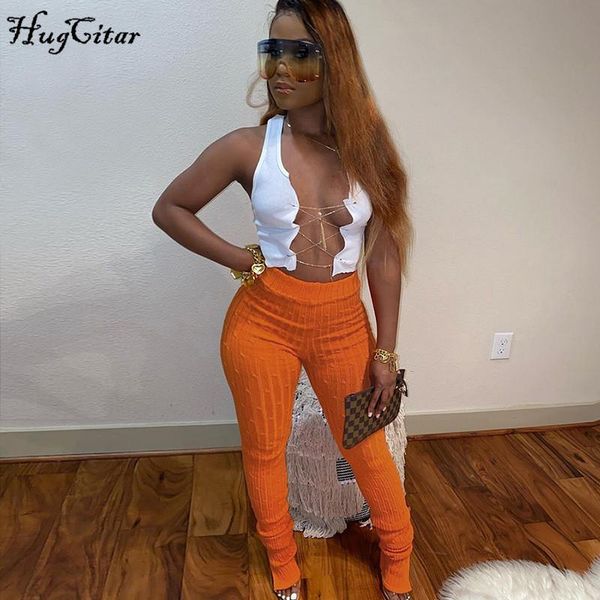 

hugcitar 2021 knitted high waist stacked leggings autumn winter women fashion streetwear trousers, Black;white
