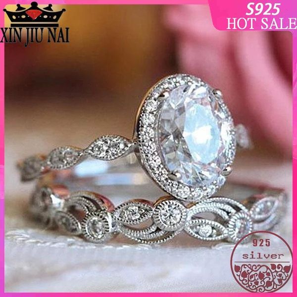 

cluster rings 100% s925 sterling silver sweet and romantic two-piece lovers pattern oval diamond ring brilliant luxury women jewelry, Golden;silver