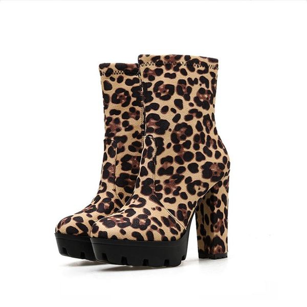 

boots autumn winter high heels leopard ankle women thick heel platform 2021 fashion ladies worker size 41 42, Black