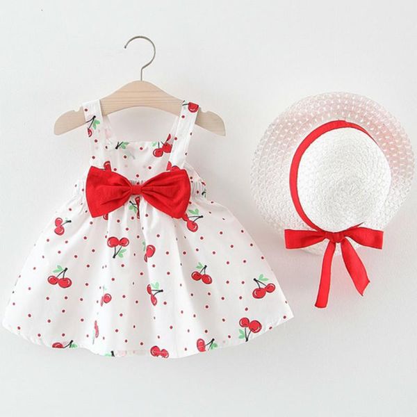 

girl's dresses baby girls 2021 summer children's clothing hat 2 pieces set sleeveless birthday party princess print dress, Red;yellow