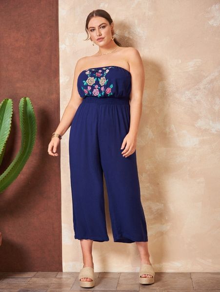 

plus shirred waist embroidery floral tube jumpsuit 656i#, Black