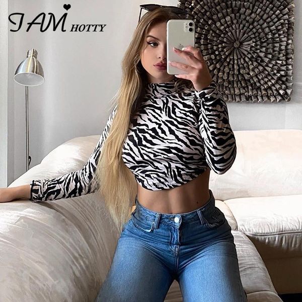 

women's t-shirt iamty backless bandage autumn zebra print long sleeve fitness slim tshirt e-gril harajuku 90s clothes summer, White