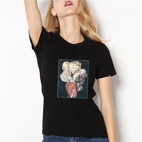 

women clothing black t-shirts camiseta mujer vintage casual harajuku flowers feather print short sleeve streetwear hot, White