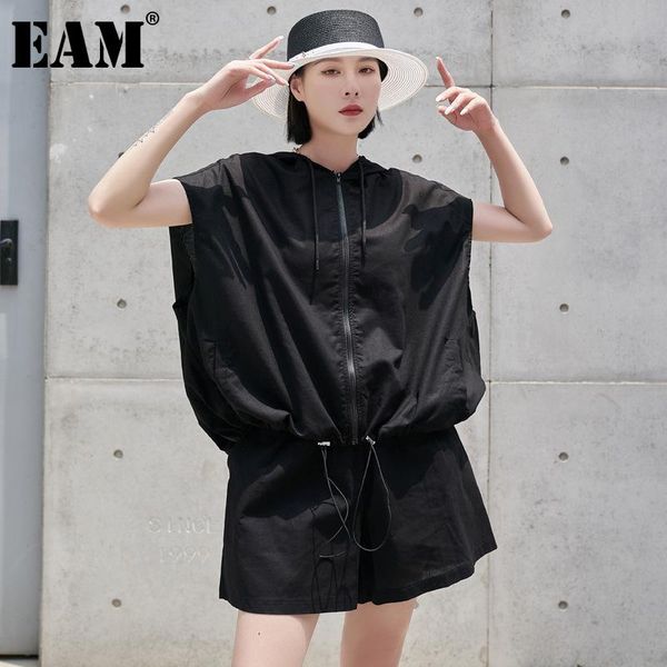 

women's tracksuits [eam] wide leg shorts oversized two piece suit hooded sleeveless black loose fit women fashion spring summer 2021 1d, Gray