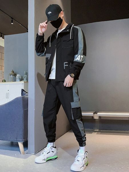 

men letter graphic flap pocket jacket with cargo pants g47v#, Gray