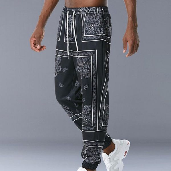 

men's pants 2021 men harem chinese style ethnic cotton printed loose elastic waist streetwear trousers casual print, Black