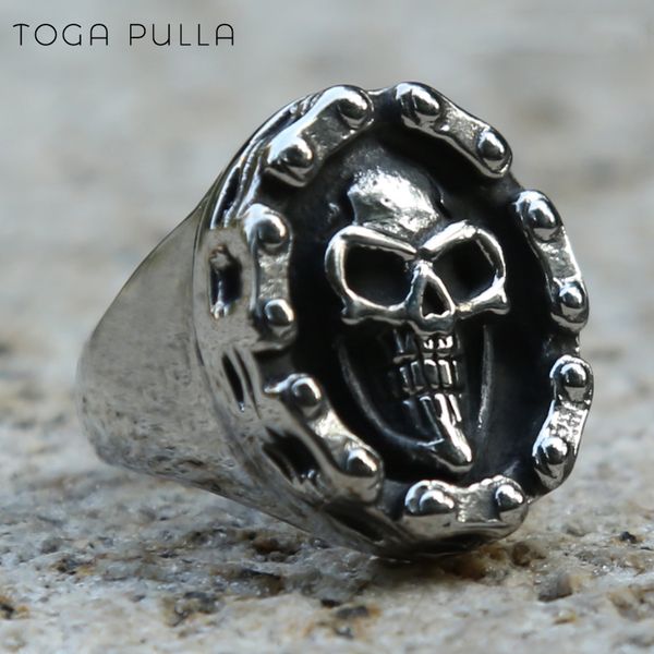 

cool men's punk rock biker skull ring male 316l stainless steel cross biker chain link ring mens hip hop gothic jewelry, Golden;silver