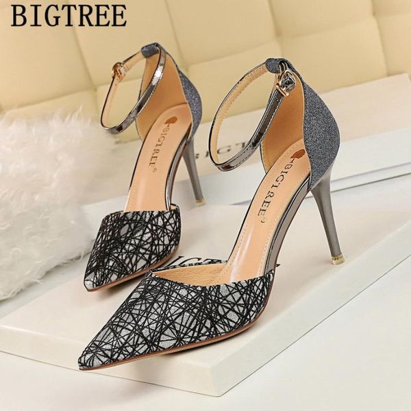 

bigtree elegant sequined cloth high heels stiletto high heel shallow mouth pointed hollow breathable wedding shoes, Black