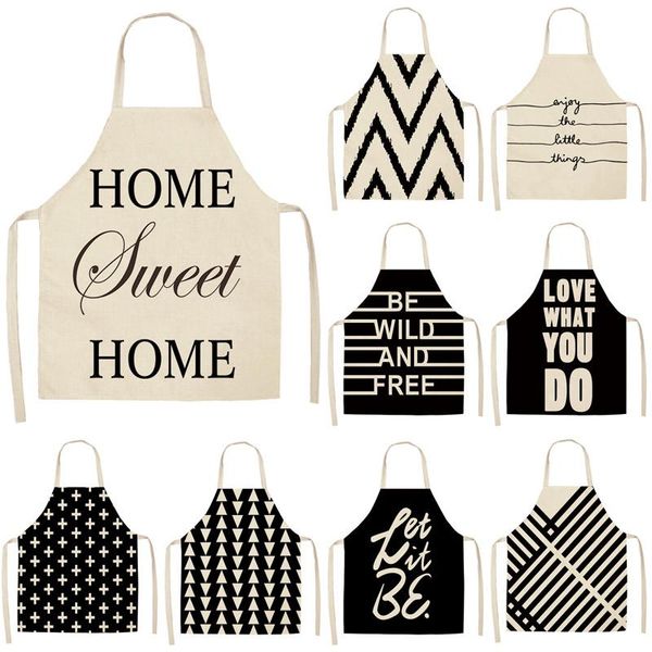 

aprons 1pcs black and white geometric letter kitchen cotton linen home cooking baking shop cleaning bibs 68x55cm
