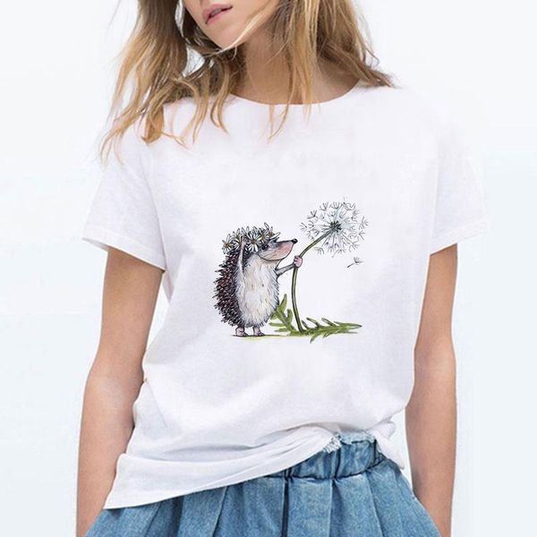 

luckyroll summer graphic funny hedgehog vogue harajuku t shirt women korean kawaii streetwear t-shirt drop shipping, White