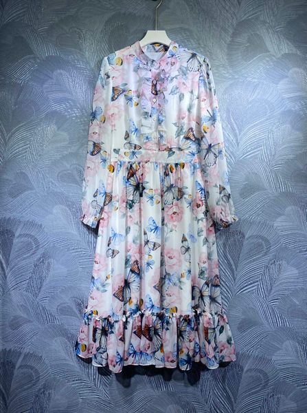 

022 spring new round neck print long dress, Black;gray