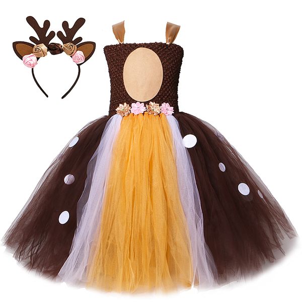 

kids deer dresses for girls reindeer tutu dress long christmas halloween costume for kids girl elk clothes for birthday party 210303, Red;yellow