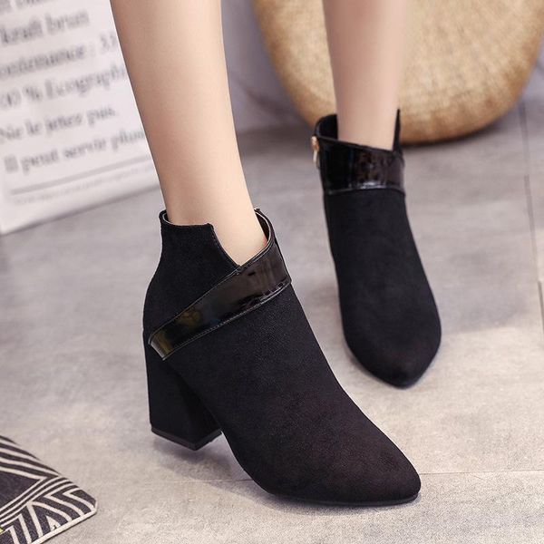 

boots concise leisure mature women autumn ankle solid high vintage short pointed toe pu winter shoes plus size, Black
