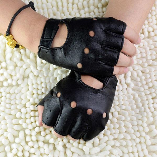 

cycling gloves men artificial leather half-finger theatrical punk hip-hop driving motorcycle performance party fingerless mittens, Black
