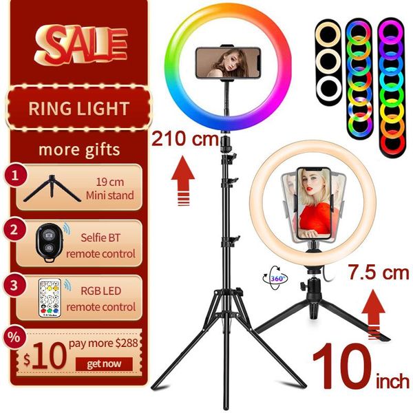 

flash heads ring light 10inch rgb led lights 26cm lamp po studio professional round annular lamps phone holder stand aro de luz