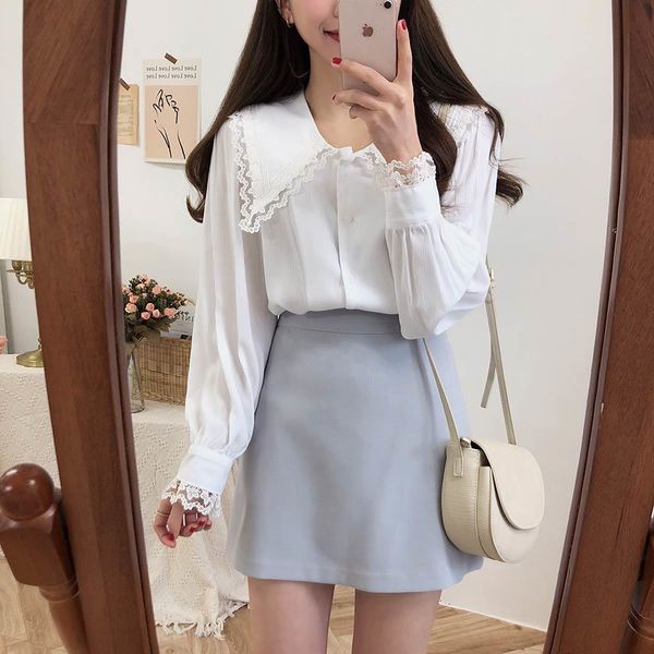 

new white pink lace girls fashion long sleeve women blouse chiffon shirt ladies party streetwear blusas femininas elegante 21302