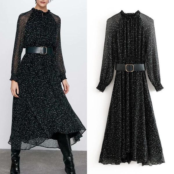 

casual dresses 2021 summer womens floral chiffon long sleeve o-neck dress lantern high waist mid-calf black, Black;gray