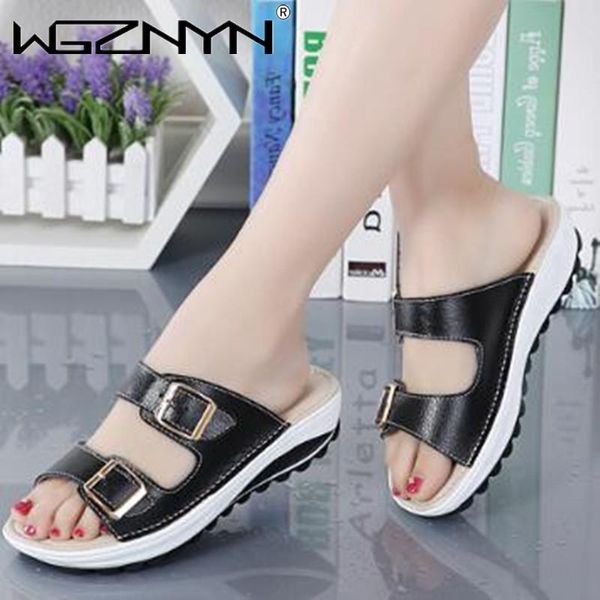 

women leather slippers flat woman belt buckle sandals casual open toe beach shoes female fashion slides 2021 ladies outdoor shoe, Black