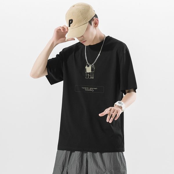 

summer thin cotton short sleeve t-shirt men's casual fashion print backing korean loose sports half sleeve t, White;black