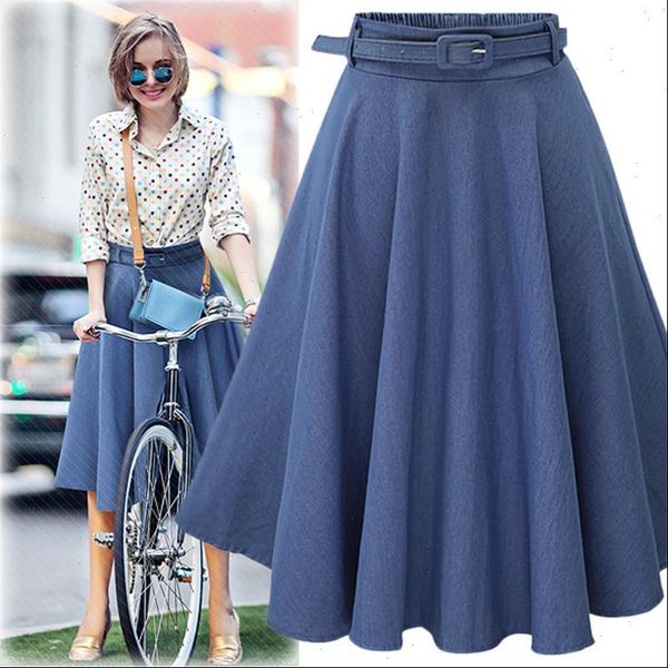 

women denim jeans skirts 2021 summer autumn casual high elastic waist a line skirt streetwear midi pleated skirt female, Black
