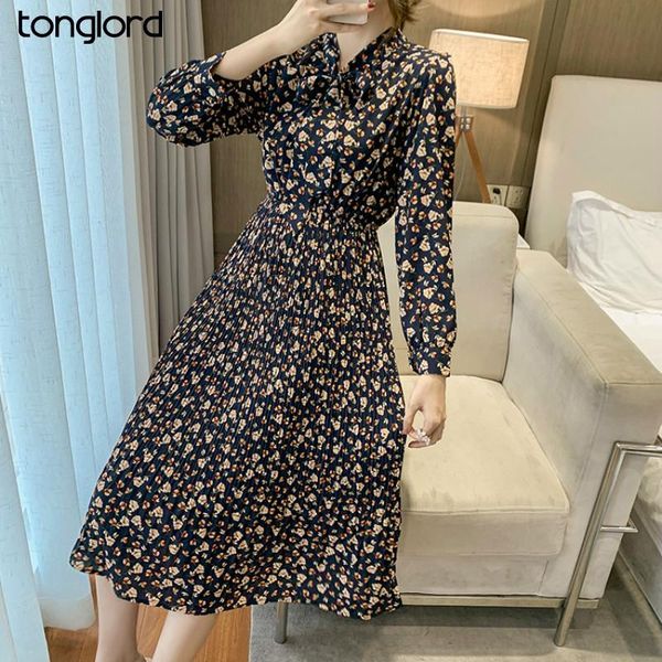 

casual dresses elegant bow neck women floral printed dress long sleeve elastic high waist female pleated a-line 2021 mujer vestidos, Black;gray