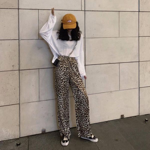 

women's pants & capris vintage leopard cargo women large size loose casual female wide leg harajuku hip hop cotton straight trousers, Black;white
