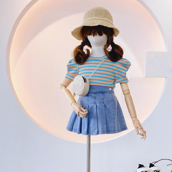 

clothing sets summer girls' puff sleeves striped ruffled edge denim skirt pants baby kids clothes suit children, White