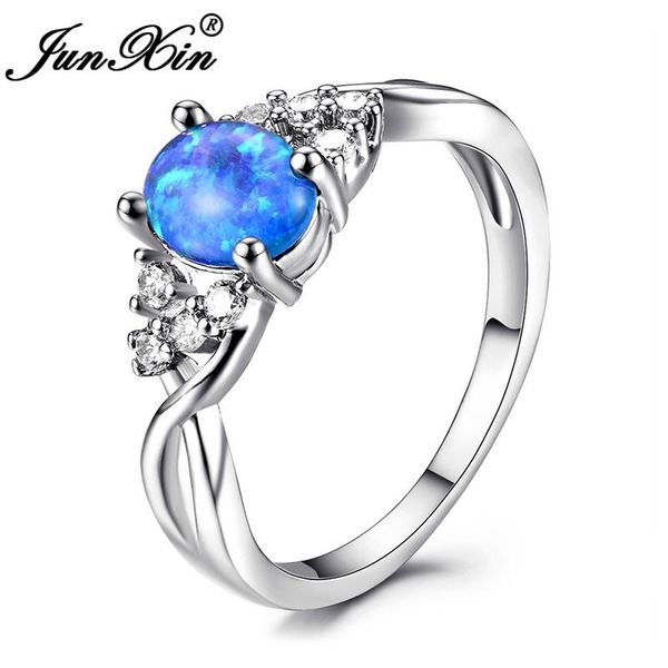 

cluster rings junxin blue/purple/white fire opal for women silver color oval stone birthstone wedding ring luxury female jewelry, Golden;silver