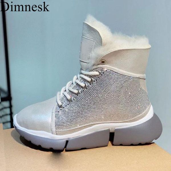 

boots luxurious silver crystal for women warm wool lining thick sole lace up casual ankle botas comfort winter shoes 2021, Black