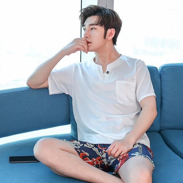 

men's sleepwear men 2pcs rayon pajamas sets soft short sleeve white t-shirt sleep suit nightwear summer casual shorts home wear l-3xl, Black;brown