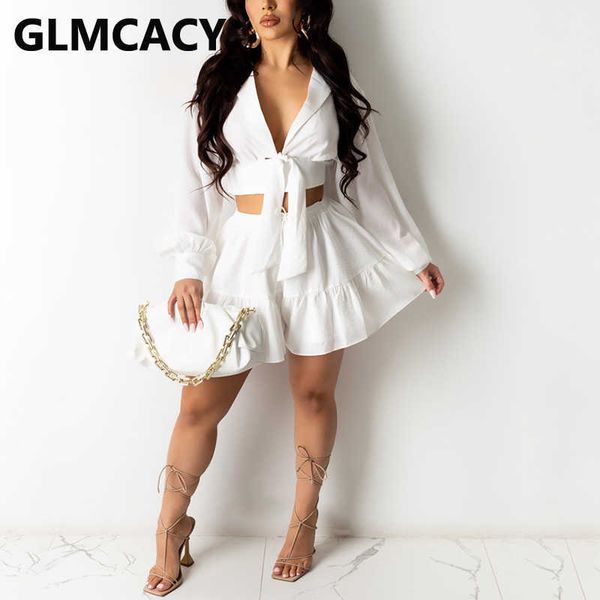 

women two piece matching sets long sleeve & mini skirts 210702, White