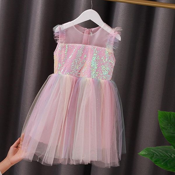 

summer girls dress 2021 new sequin princess dress kids clothes girl flying sleeve rainbow net gauze puffy gauze for girls, Red;yellow
