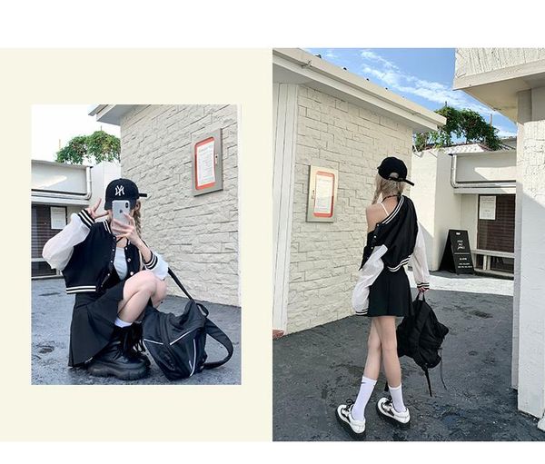 

women's jackets baseball unit coat short long jersey skirt kpop women girl single breasted cardigan white black solid outwear 2021 summ, Black;brown