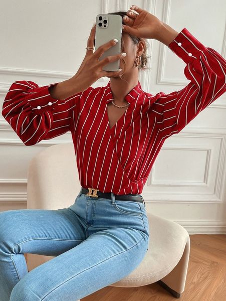 

vertical stripe lantern sleeve blouse 47c8#, White