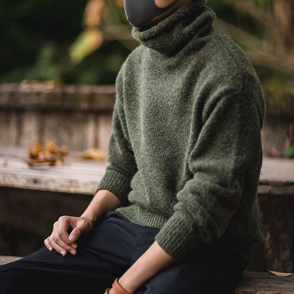 

vintage maden men's warm soft mohair turtleneck green grey long sleeve sweater with elbow pmjf, White