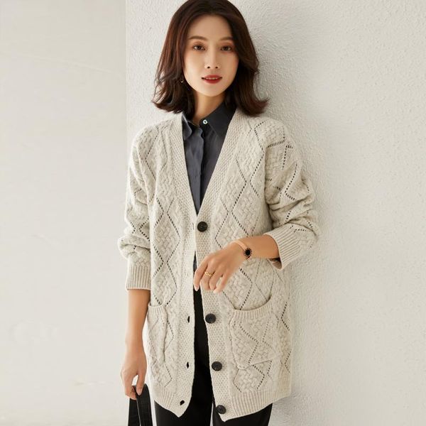 

women's knits & tees 2021 autumn/winter 100% wool sweater cardigan mid-length loose large size ladies knitted cashmere coat, White