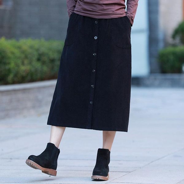 

skirts johnature women corduroy vintage button elastic waist 2021 autumn winter solid color pockets a-line, Black