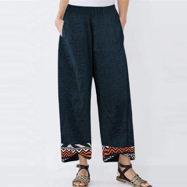 

yoga outfit 2021 vintage women wide legs summer pants geometry print elastic waist pocketed cotton linen loose straight casual trousers