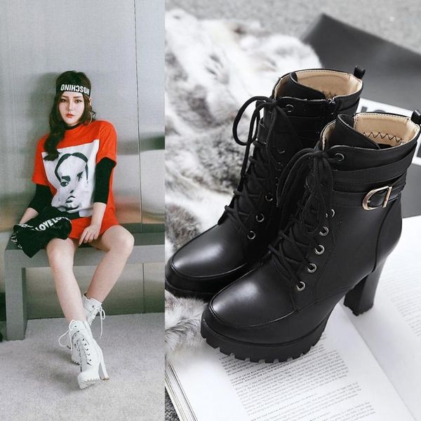 

boots vogue women's thick high heel lace up ankle platform black white student female casual pu leather autumn shoes