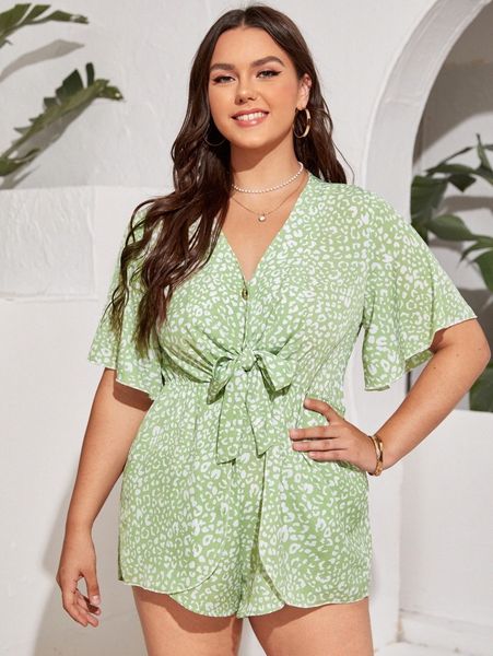 

plus allover print tie front romper b5a5#, Black