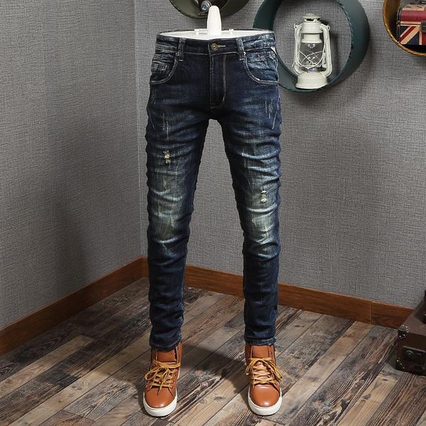 

men's jeans european vintage fashion men retro dark blue elastic slim fit ripped patchwork designer cotton denim punk pants