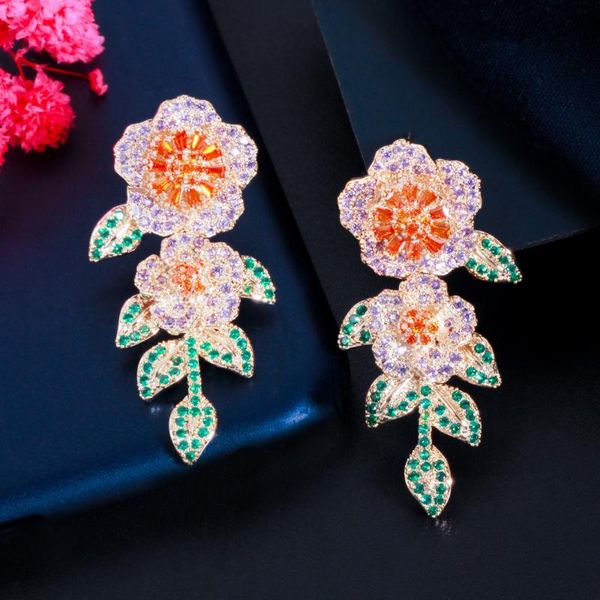 

dangle & chandelier cwwzircons pretty geometry purple green flower leaf cubic zircon drop earrings luxury designer women party jewelry cz888, Silver
