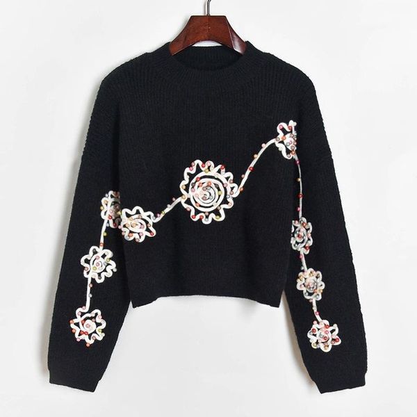 

women's sweaters colorful beaded appliques black crop 2021 autumn winter loose sweater o-neck bat sleeve pullovers lazy oaf, White;black