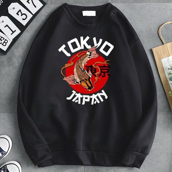 

men's hoodies & sweatshirts man tokyo koi printed hoodie men long sleeve fleece loose hoody kpop hip hop anime clothing, Black